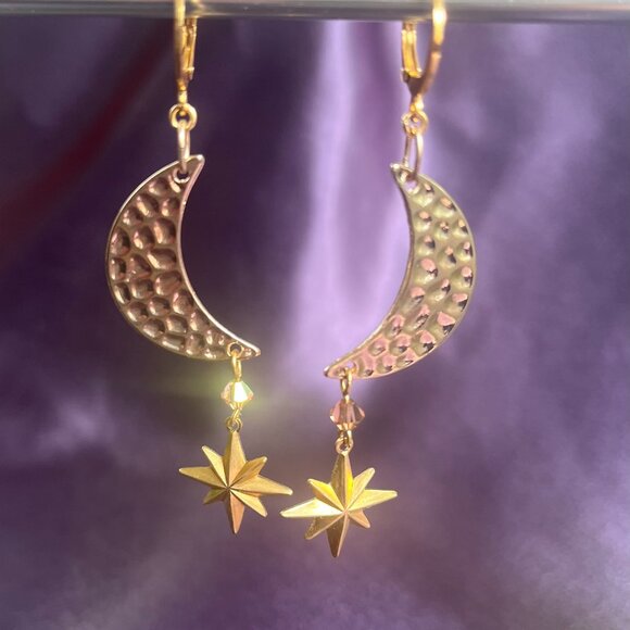 Artisan Jewelry - Gold Crescent Moon and Star Celestial Dangle Earrings with Swarovski Crystals